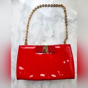 SALVATORE FERRAGAMO Patent Ginny Vara Bow Clutch Shinny Red,party clutch